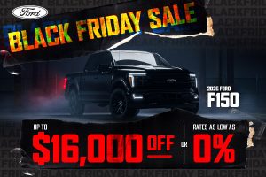 A 2025 Ford F-150 pickup truck is dramatically lit in a dark garage scene, advertising Black Friday savings of up to $16,000 or 0% financing.